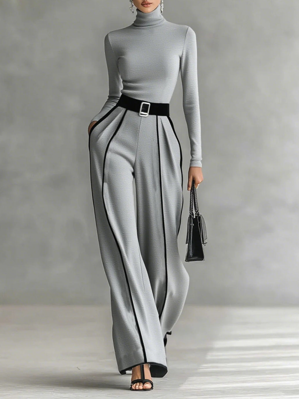 Céline | Stylový set s vysokým límcem a širokými kalhotami