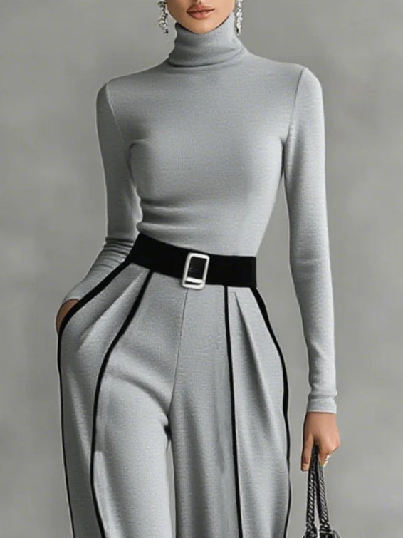 Céline | Stylový set s vysokým límcem a širokými kalhotami