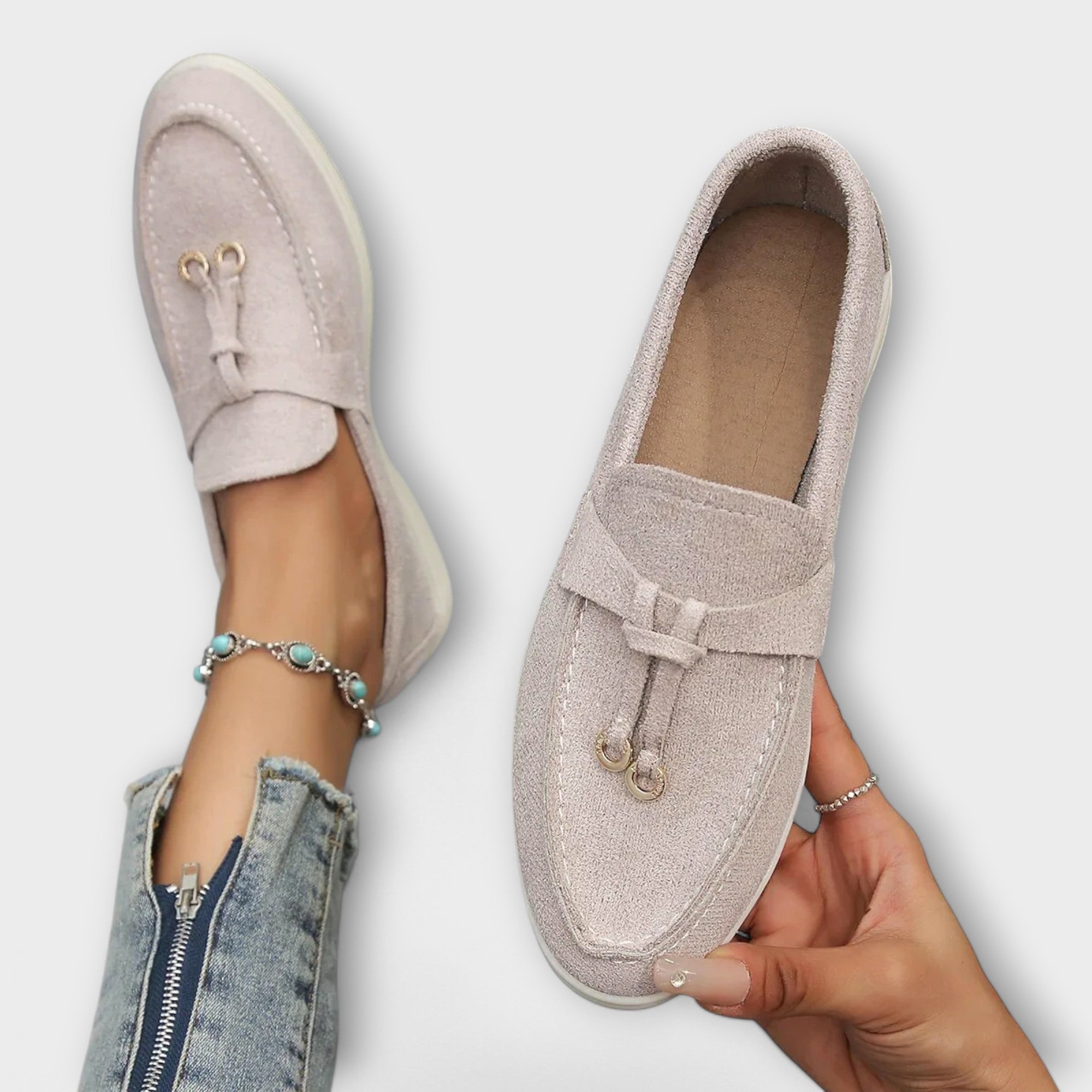 Beige dámské mokasíny s dekorativní šňůrkou